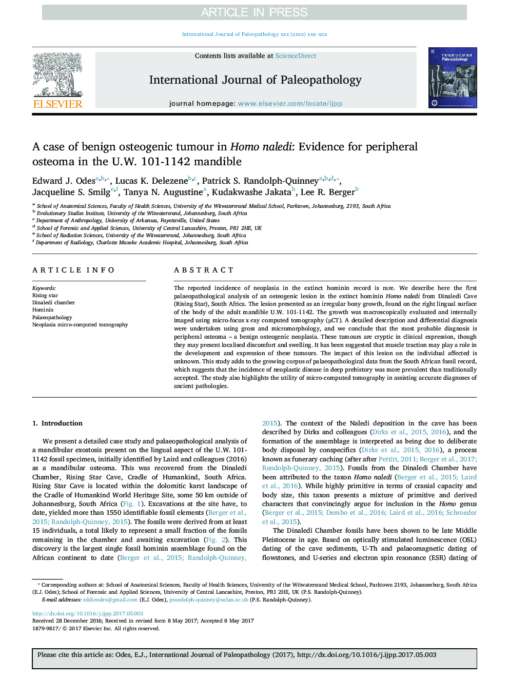 A case of benign osteogenic tumour in Homo naledi: Evidence for peripheral osteoma in the U.W. 101-1142 mandible