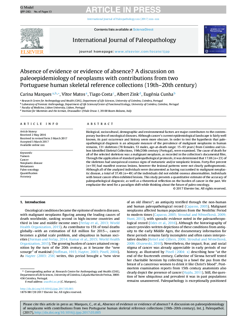 Absence of evidence or evidence of absence? A discussion on paleoepidemiology of neoplasms with contributions from two Portuguese human skeletal reference collections (19th-20th century)