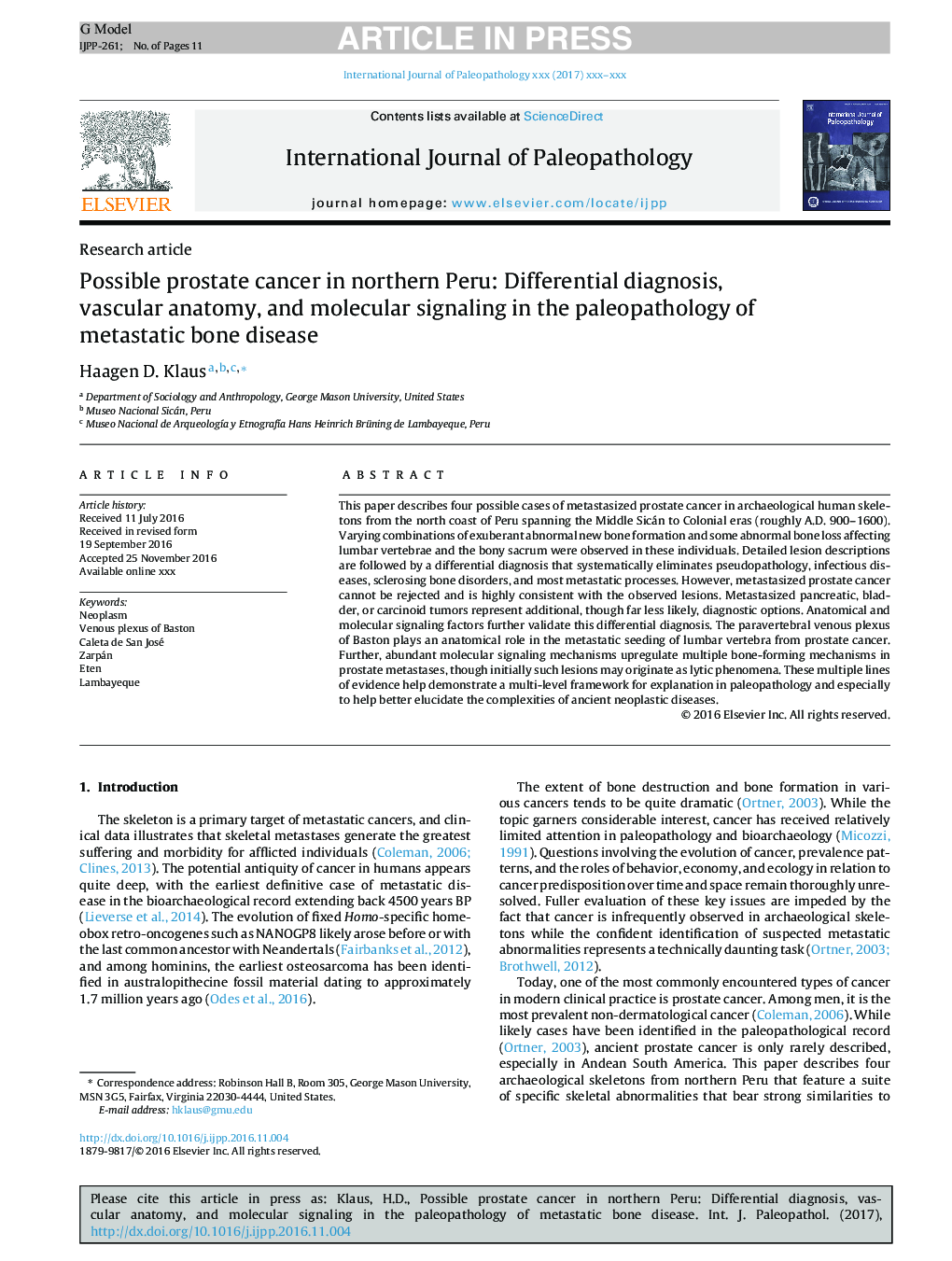 Possible prostate cancer in northern Peru: Differential diagnosis, vascular anatomy, and molecular signaling in the paleopathology of metastatic bone disease