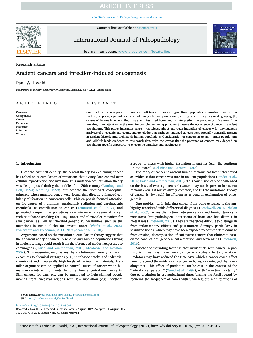 Ancient cancers and infection-induced oncogenesis