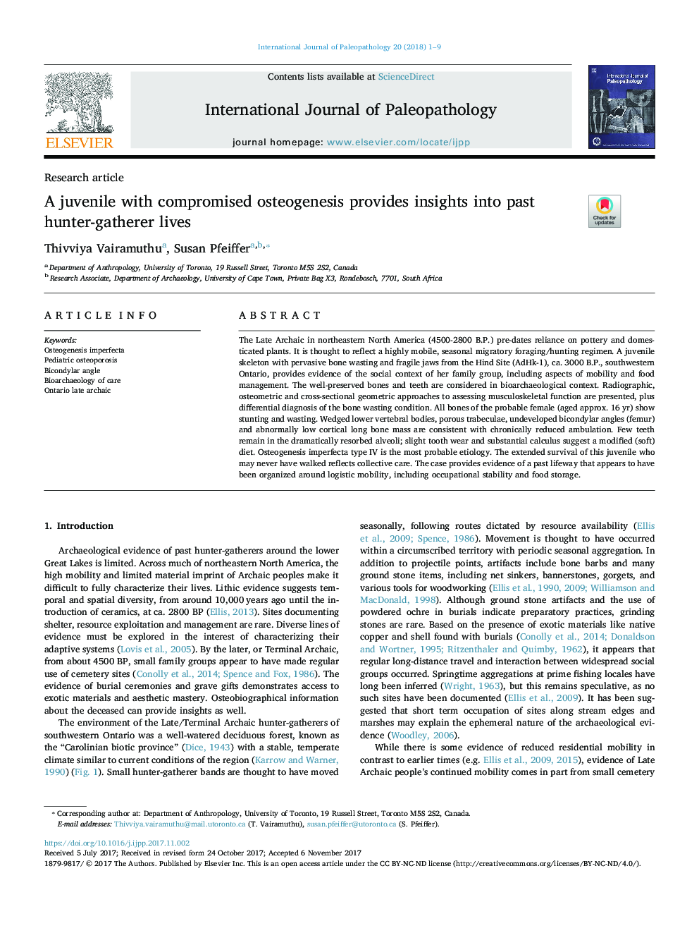 A juvenile with compromised osteogenesis provides insights into past hunter-gatherer lives