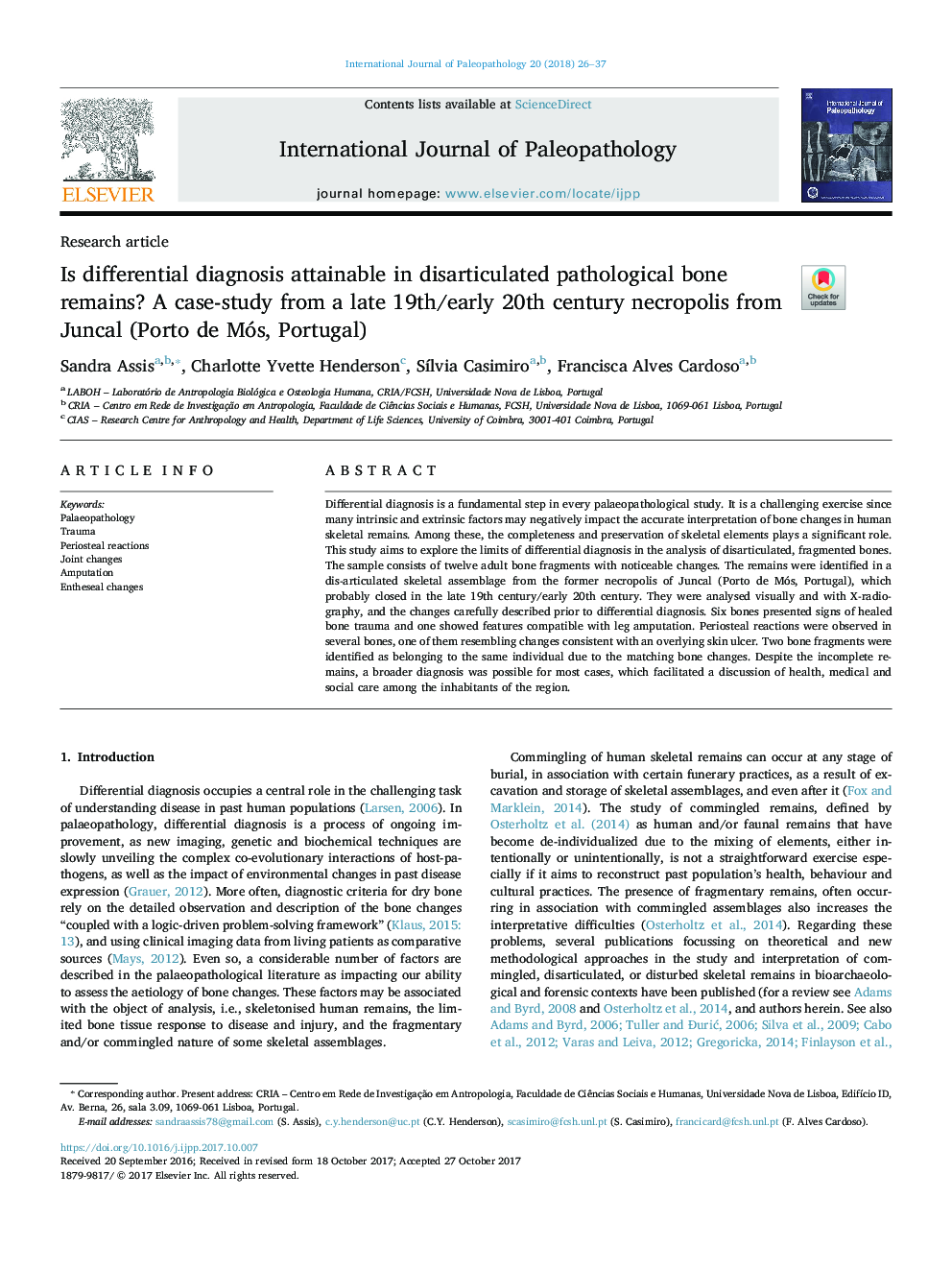 Is differential diagnosis attainable in disarticulated pathological bone remains? A case-study from a late 19th/early 20th century necropolis from Juncal (Porto de Mós, Portugal)