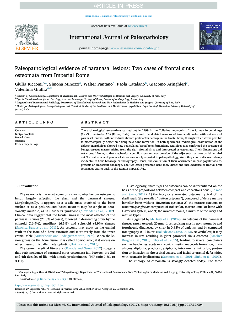 Paleopathological evidence of paranasal lesions: Two cases of frontal sinus osteomata from Imperial Rome