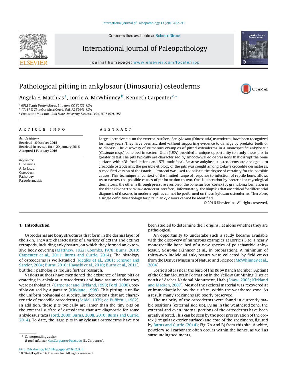 Pathological pitting in ankylosaur (Dinosauria) osteoderms