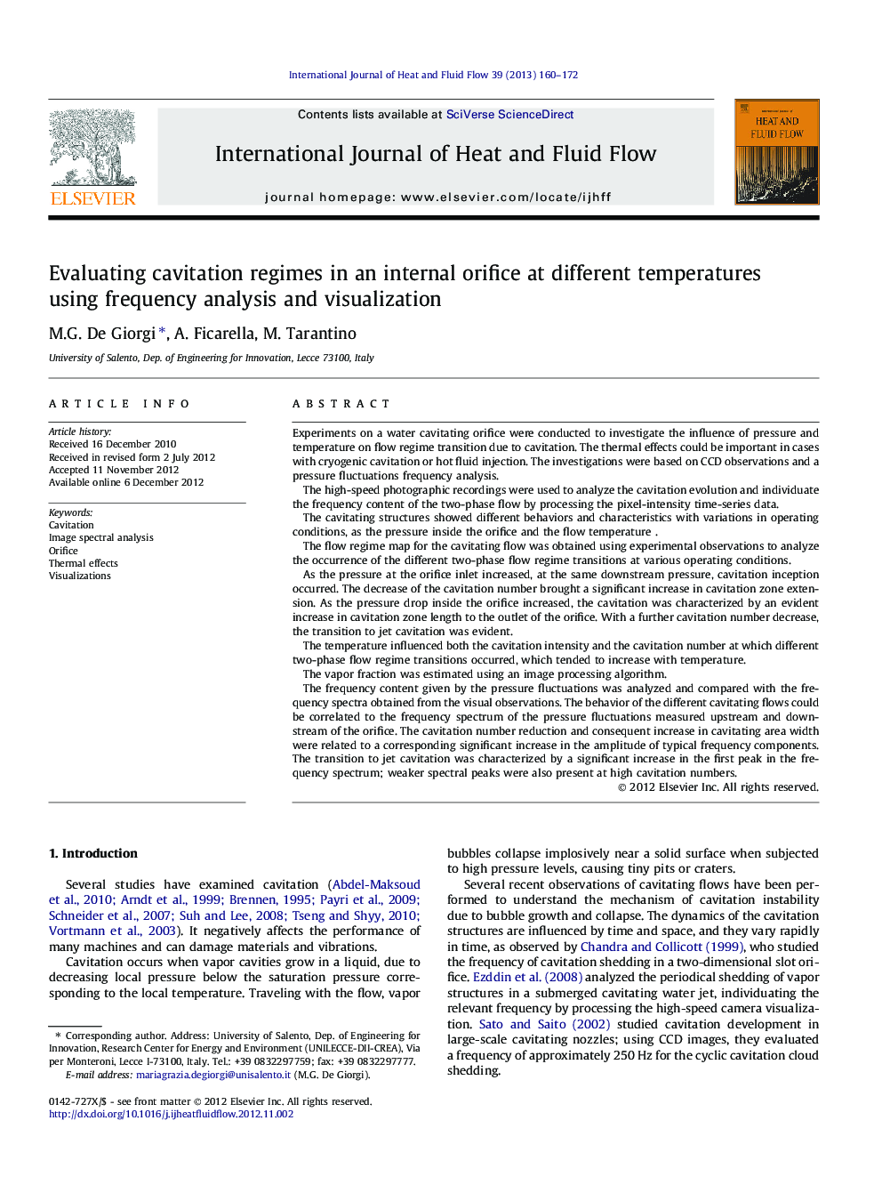 Evaluating cavitation regimes in an internal orifice at different temperatures using frequency analysis and visualization