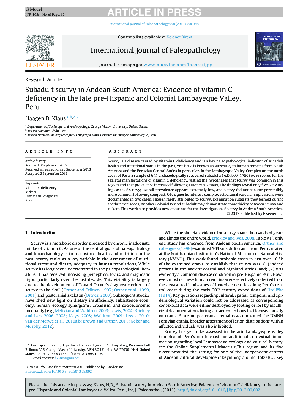 Subadult scurvy in Andean South America: Evidence of vitamin C deficiency in the late pre-Hispanic and Colonial Lambayeque Valley, Peru