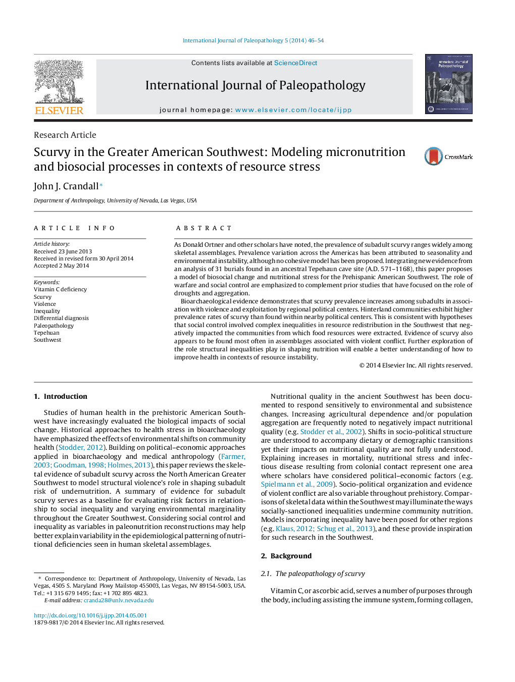 Scurvy in the Greater American Southwest: Modeling micronutrition and biosocial processes in contexts of resource stress