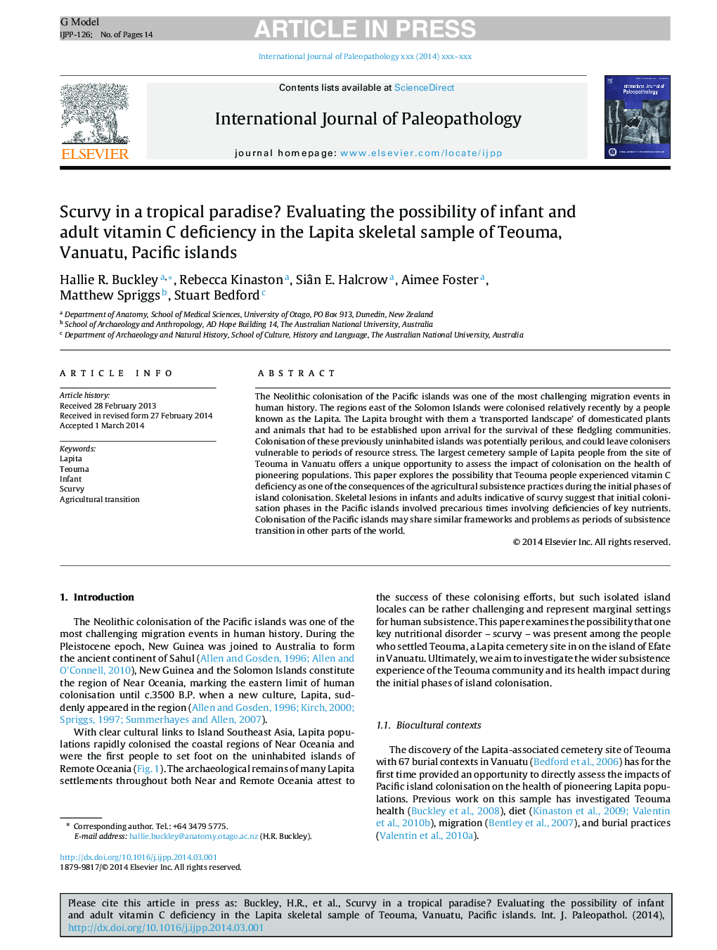 Scurvy in a tropical paradise? Evaluating the possibility of infant and adult vitamin C deficiency in the Lapita skeletal sample of Teouma, Vanuatu, Pacific islands