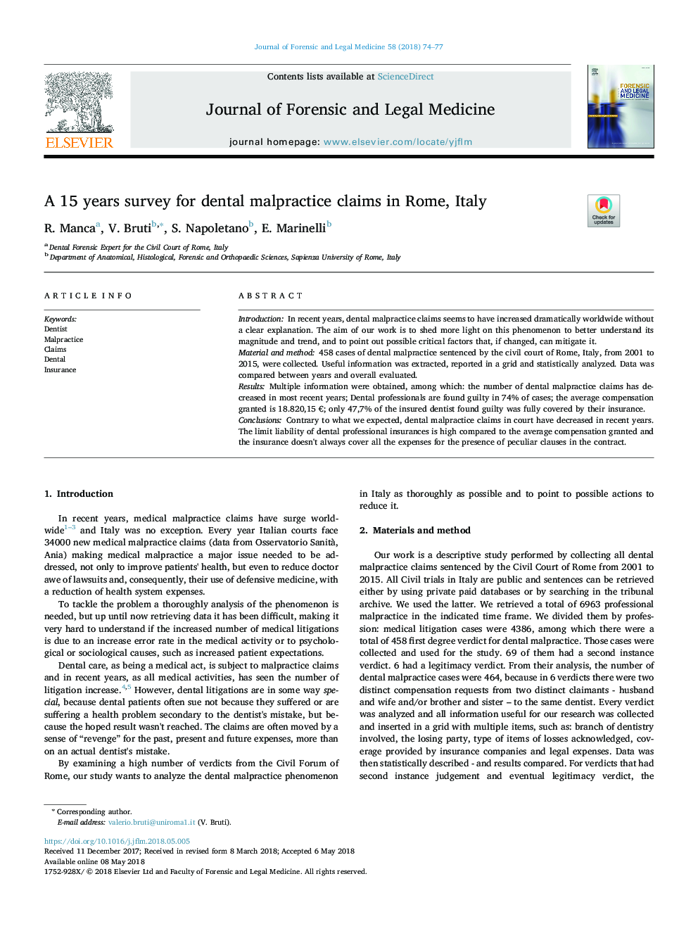 A 15 years survey for dental malpractice claims in Rome, Italy