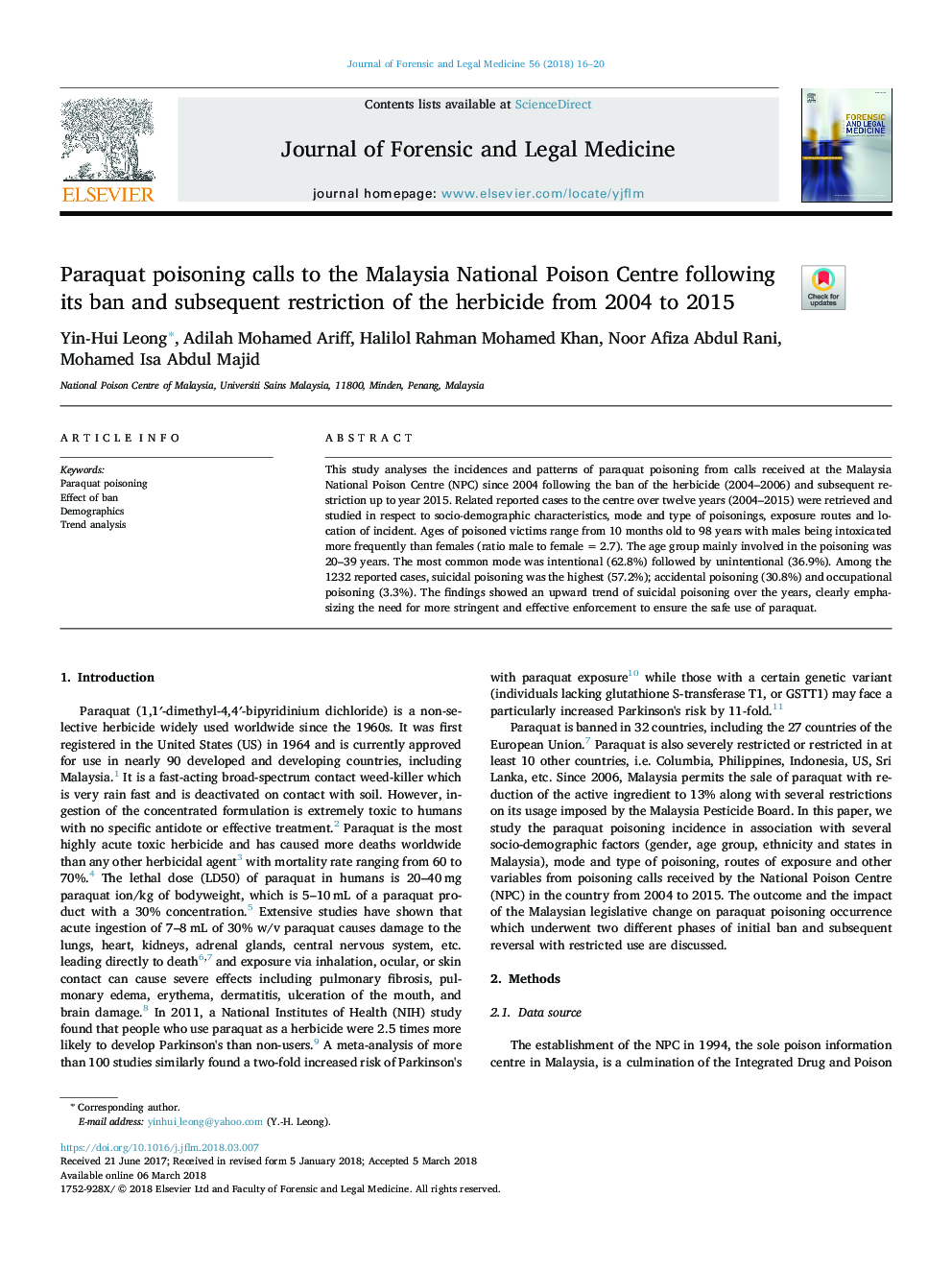 Paraquat poisoning calls to the Malaysia National Poison Centre following its ban and subsequent restriction of the herbicide from 2004 to 2015