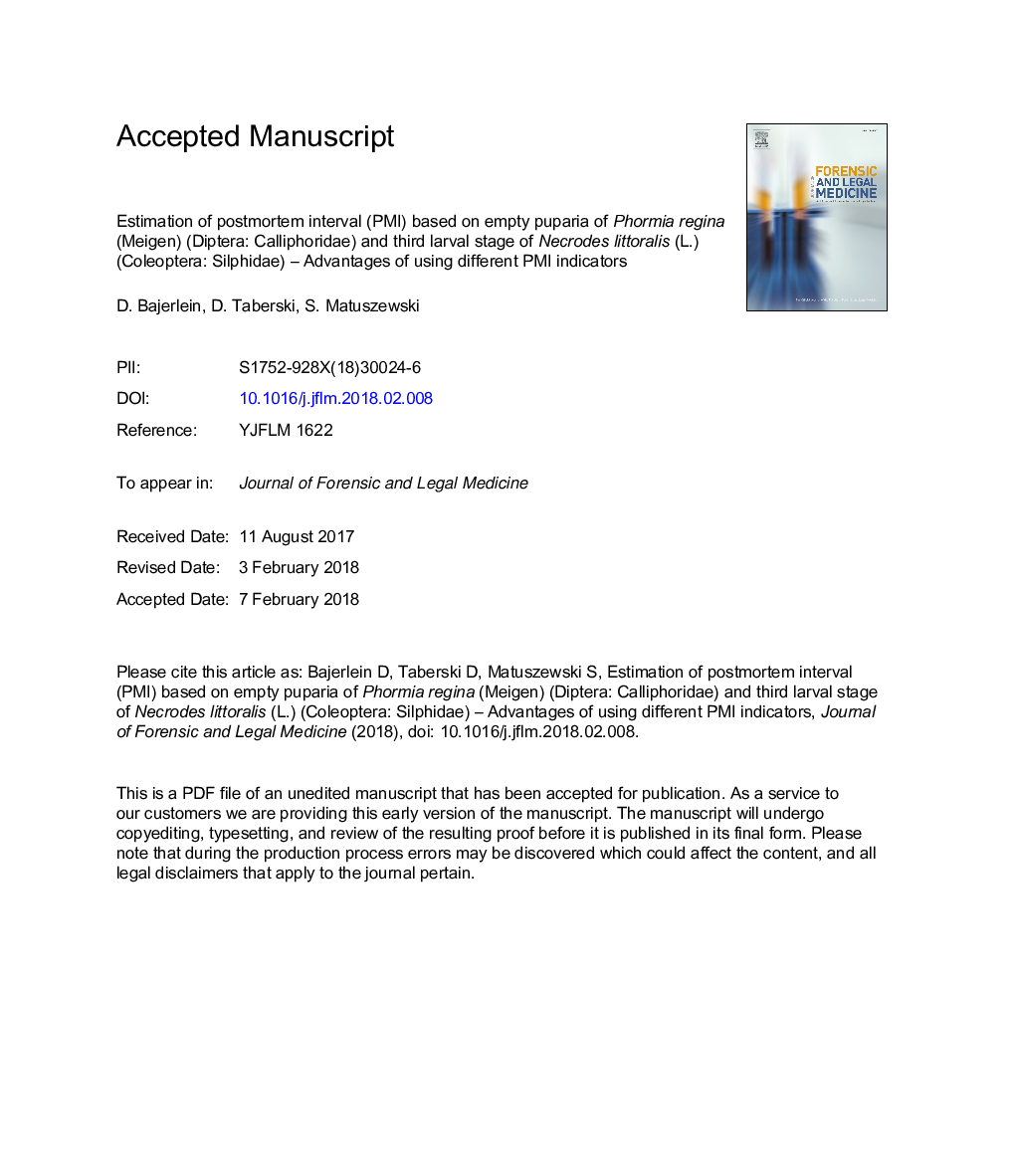 Estimation of postmortem interval (PMI) based on empty puparia of Phormia regina (Meigen) (Diptera: Calliphoridae) and third larval stage of Necrodes littoralis (L.) (Coleoptera: Silphidae) - Advantages of using different PMI indicators