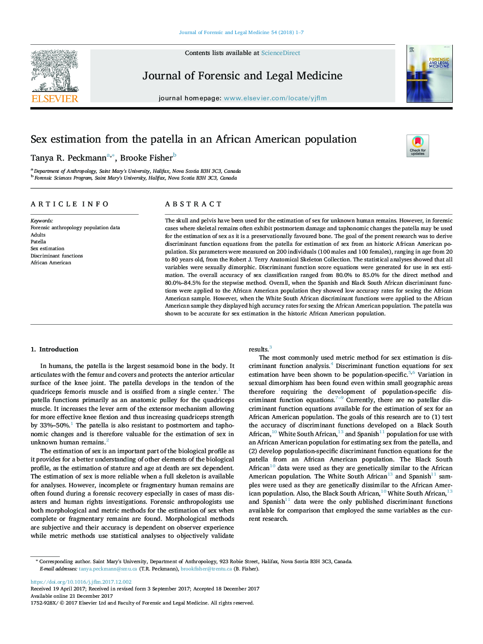 Sex estimation from the patella in an African American population