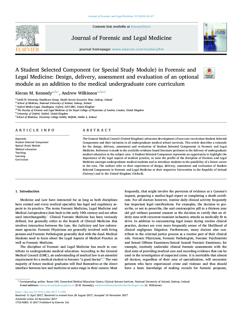 عکس صفحه اول مقاله: A Student Selected Component (or Special Study Module) in Forensic and Legal Medicine: Design, delivery, assessment and evaluation of an optional module as an addition to the medical undergraduate core curriculum A Student Selected Component (or Special Study Module) in Forensic and Legal Medicine: Design, delivery, assessment and evaluation of an optional module as an addition to the medical undergraduate core curriculum