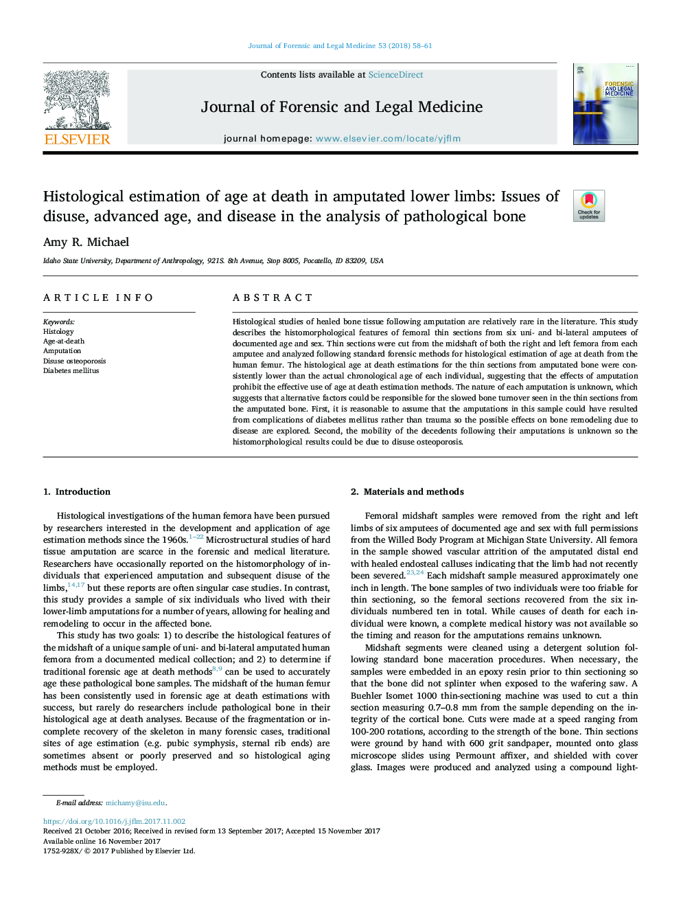 Histological estimation of age at death in amputated lower limbs: Issues of disuse, advanced age, and disease in the analysis of pathological bone