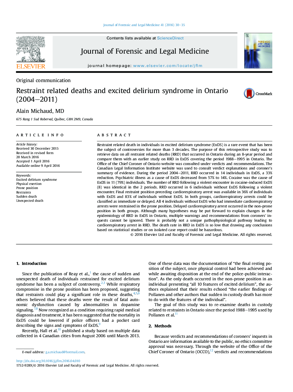 Restraint related deaths and excited delirium syndrome in Ontario (2004-2011)