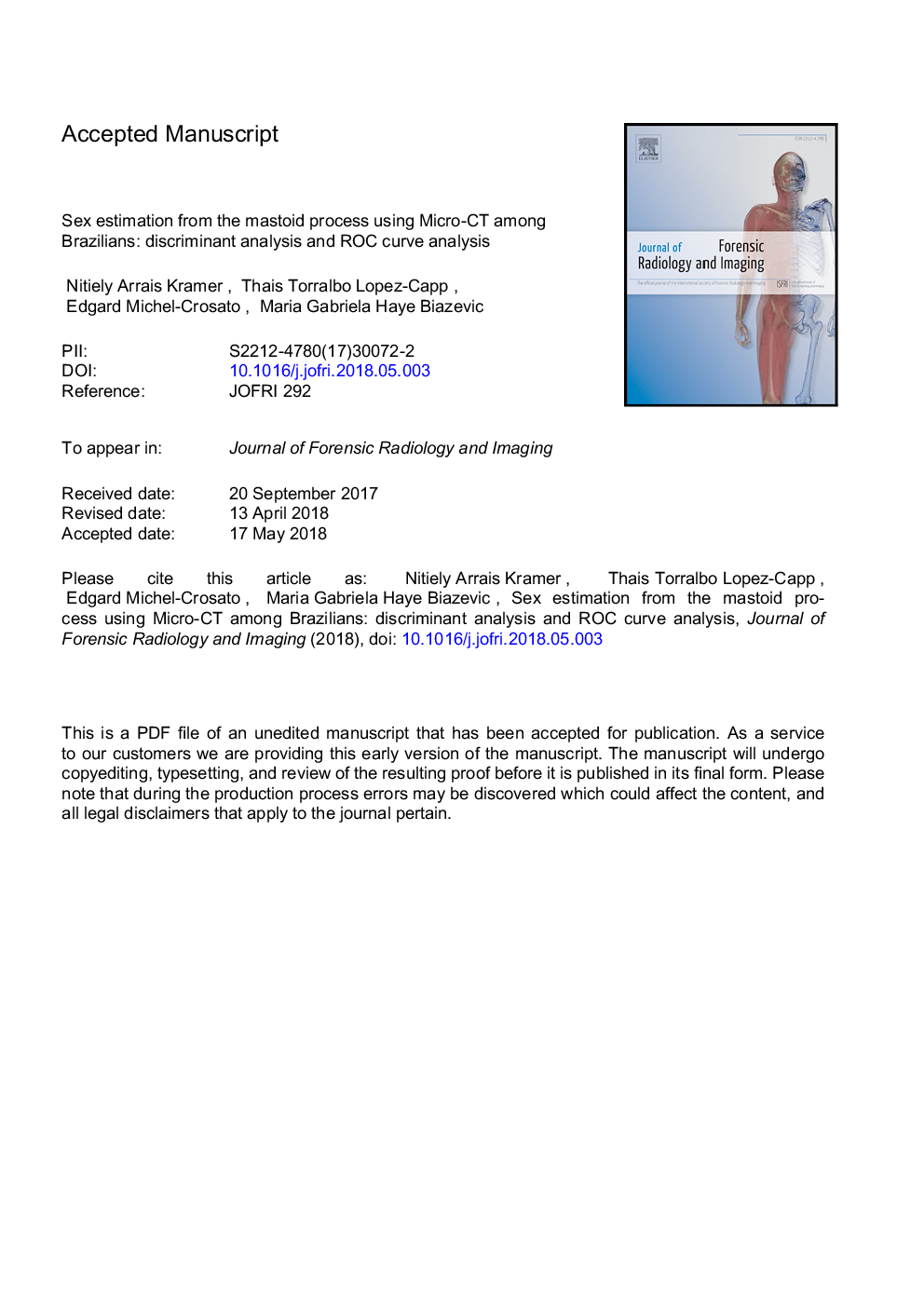 Sex estimation from the mastoid process using Micro-CT among Brazilians: Discriminant analysis and ROC curve analysis