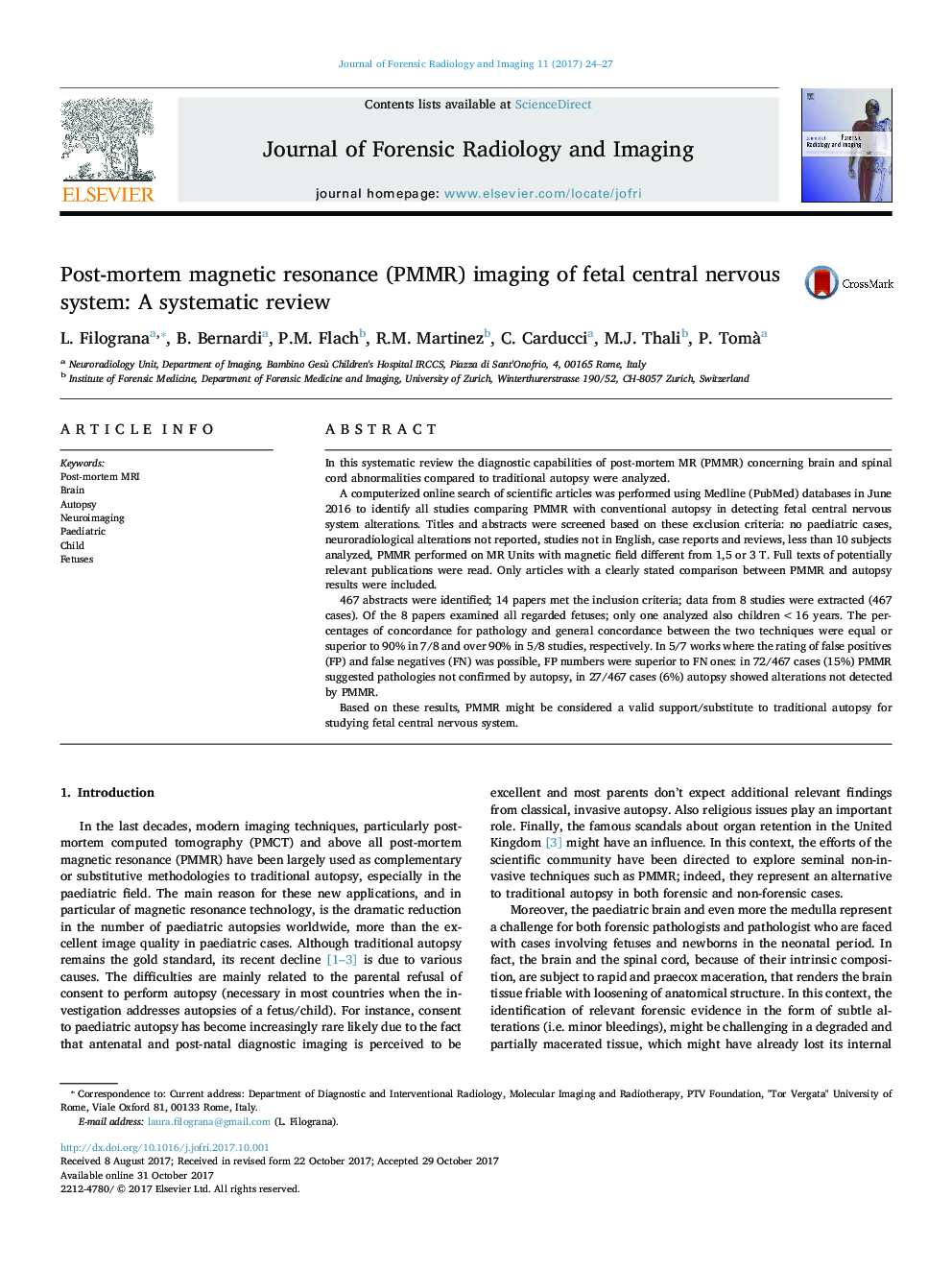 Post-mortem magnetic resonance (PMMR) imaging of fetal central nervous system: A systematic review