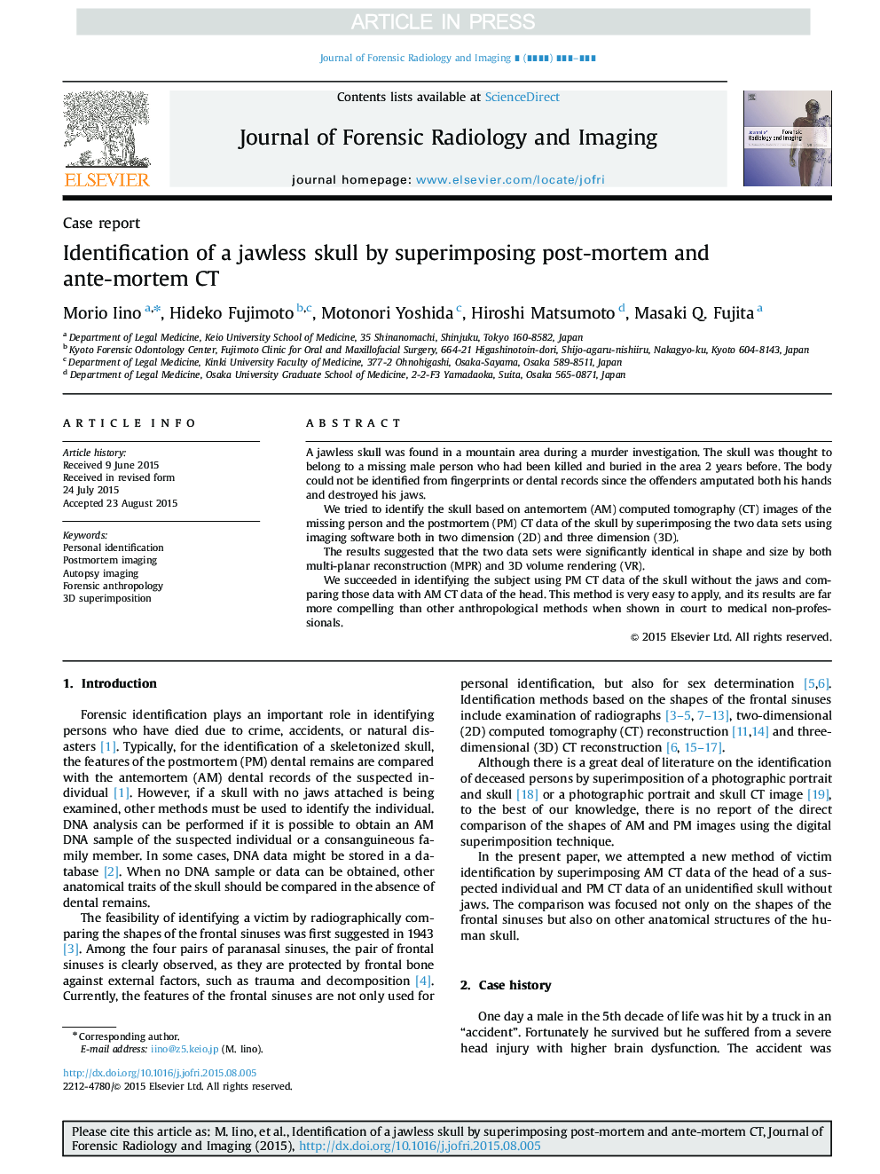 Identification of a jawless skull by superimposing post-mortem and ante-mortem CT