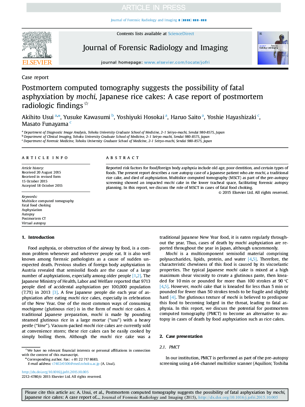 Postmortem computed tomography suggests the possibility of fatal asphyxiation by mochi, Japanese rice cakes: A case report of postmortem radiologic findings