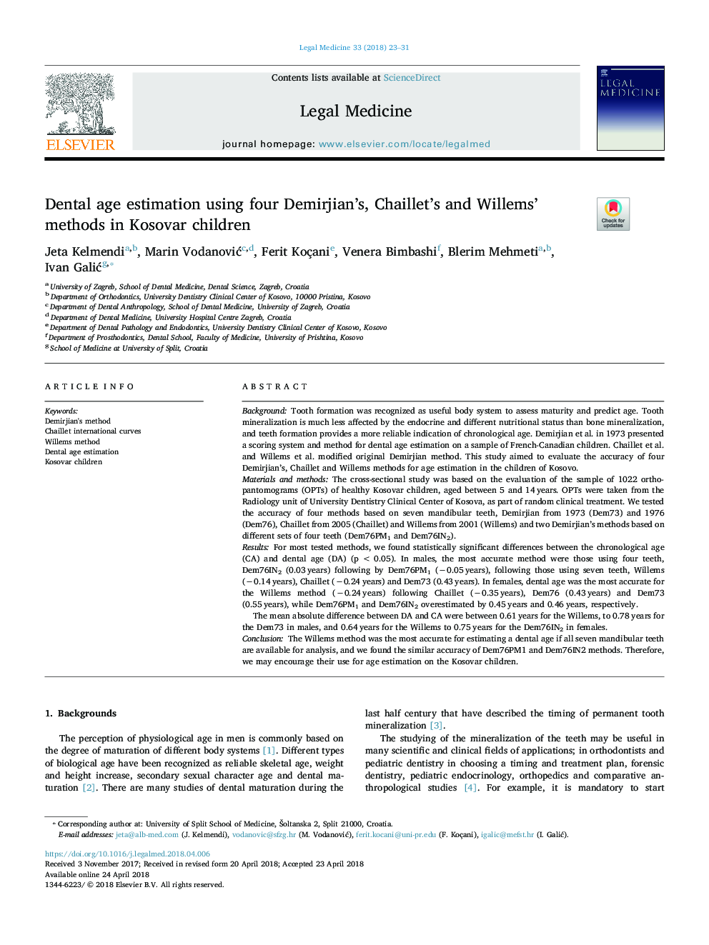 Dental age estimation using four Demirjian's, Chaillet's and Willems' methods in Kosovar children