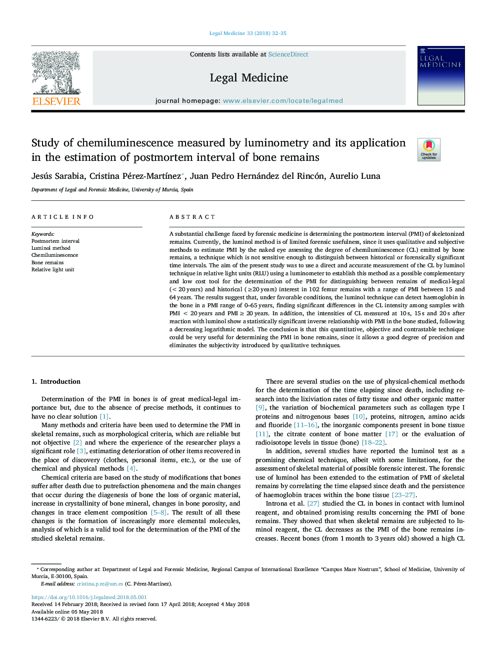 Study of chemiluminescence measured by luminometry and its application in the estimation of postmortem interval of bone remains