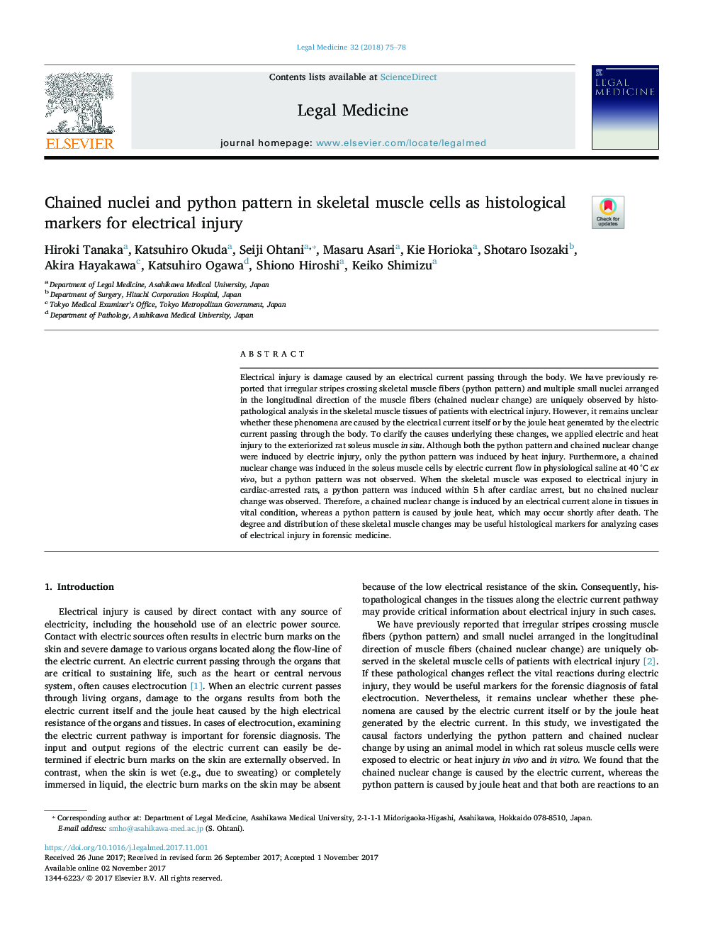 Chained nuclei and python pattern in skeletal muscle cells as histological markers for electrical injury