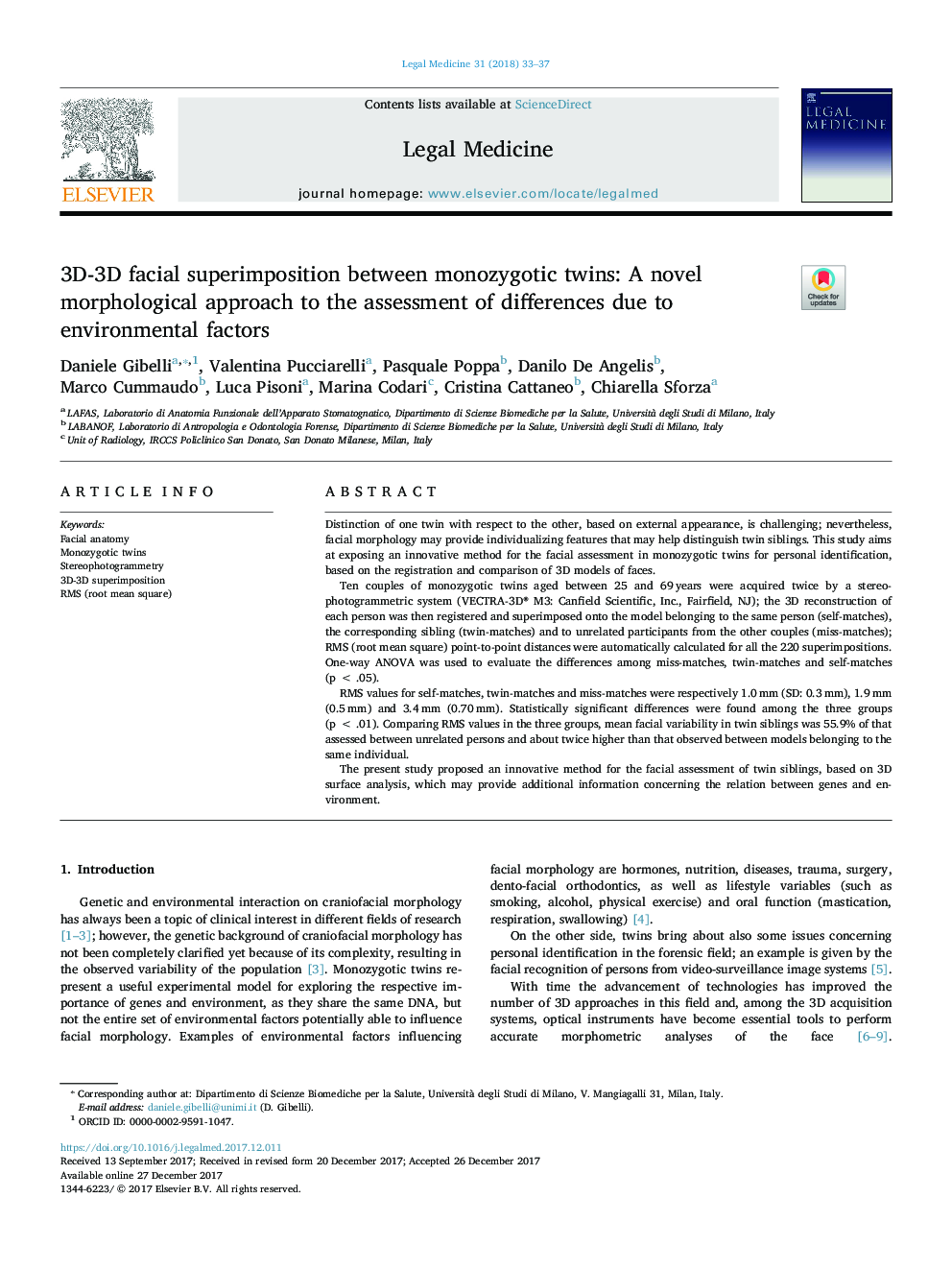 3D-3D facial superimposition between monozygotic twins: A novel morphological approach to the assessment of differences due to environmental factors