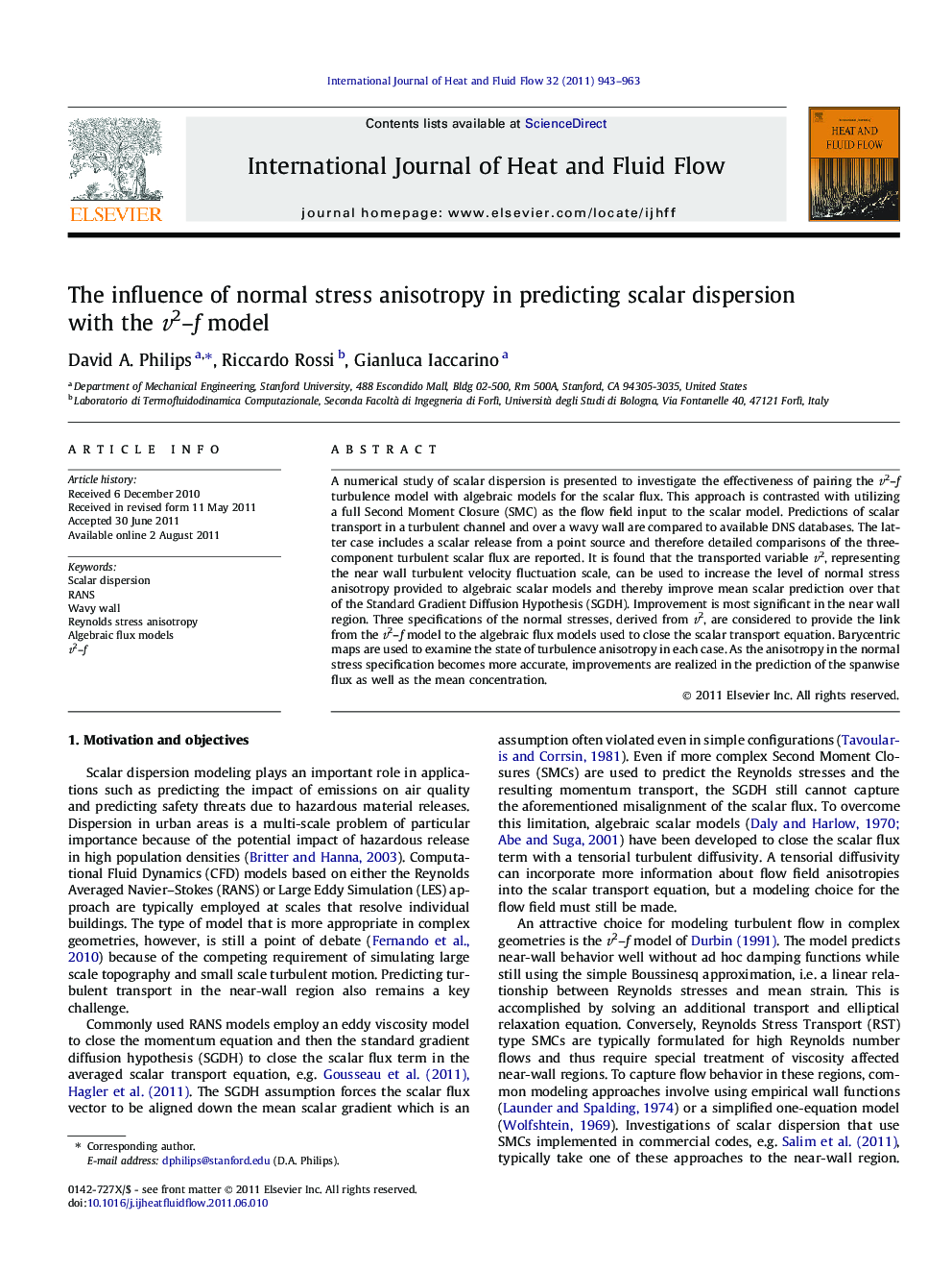 The influence of normal stress anisotropy in predicting scalar dispersion with the v2–f model