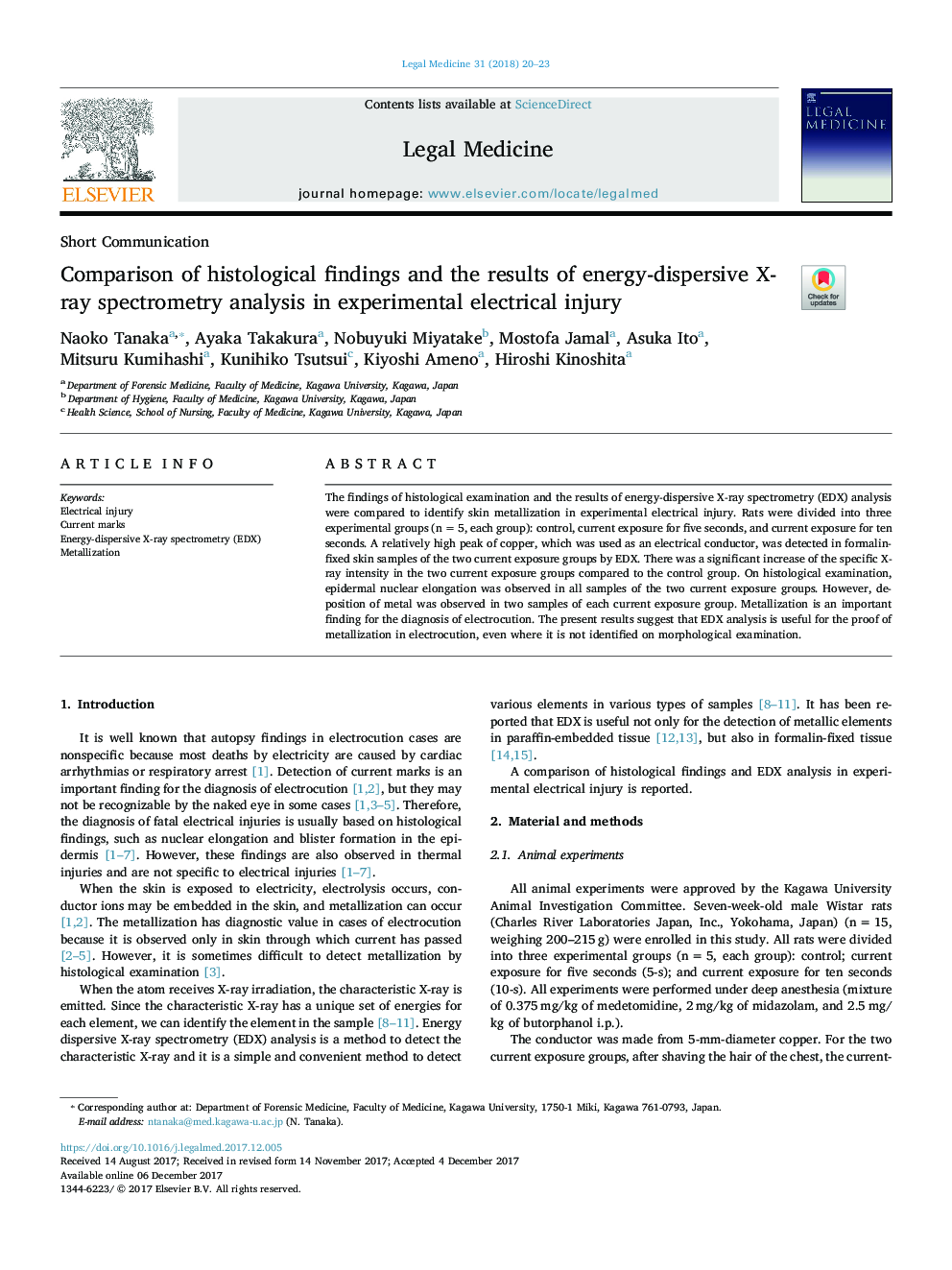 Comparison of histological findings and the results of energy-dispersive X-ray spectrometry analysis in experimental electrical injury