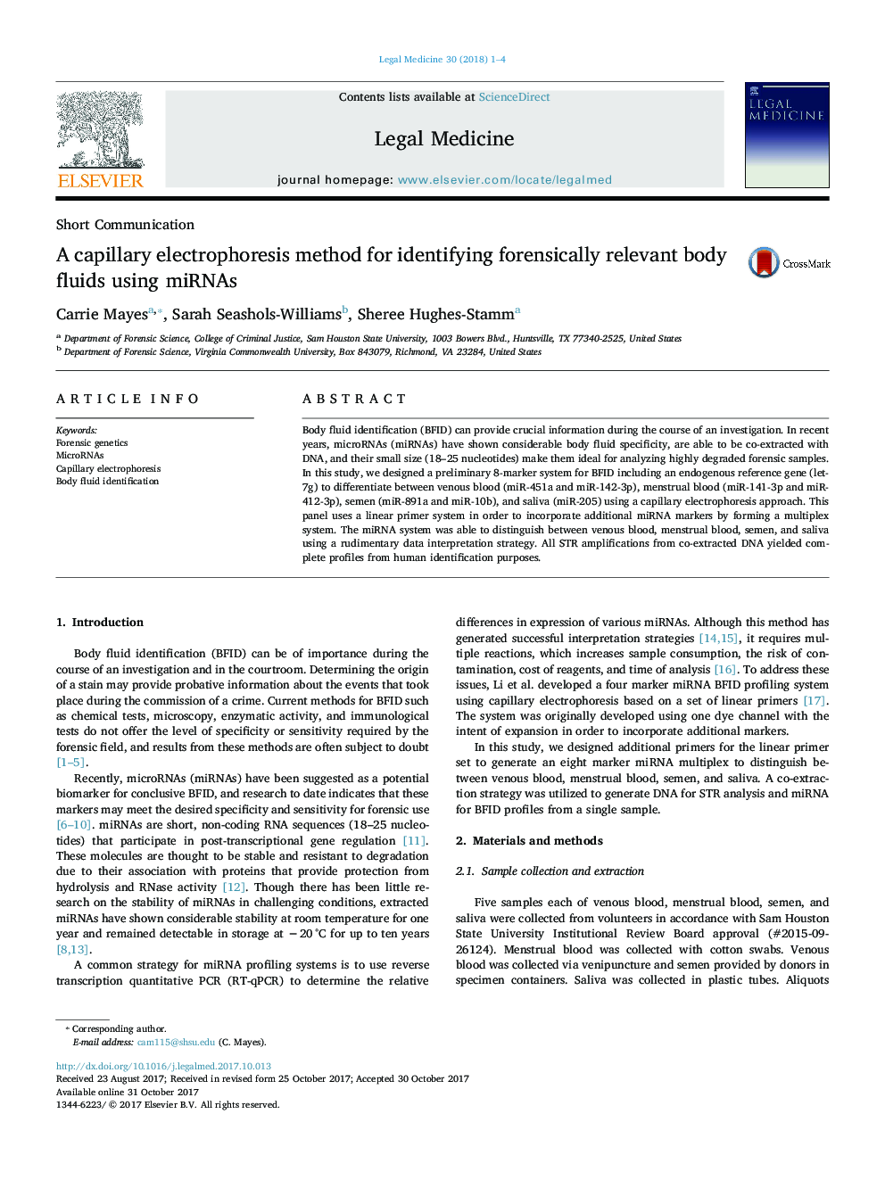 A capillary electrophoresis method for identifying forensically relevant body fluids using miRNAs