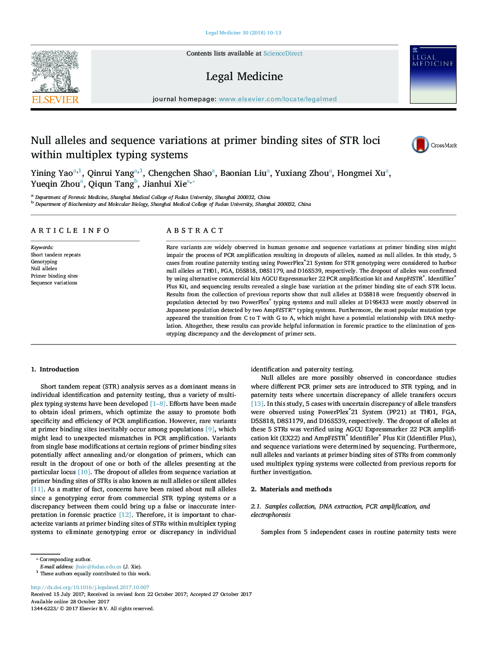 Null alleles and sequence variations at primer binding sites of STR loci within multiplex typing systems