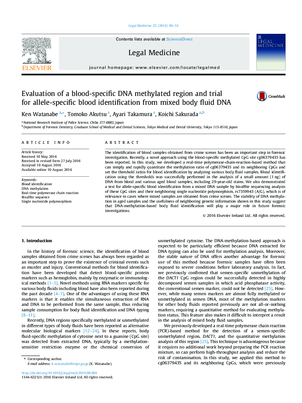 Evaluation of a blood-specific DNA methylated region and trial for allele-specific blood identification from mixed body fluid DNA