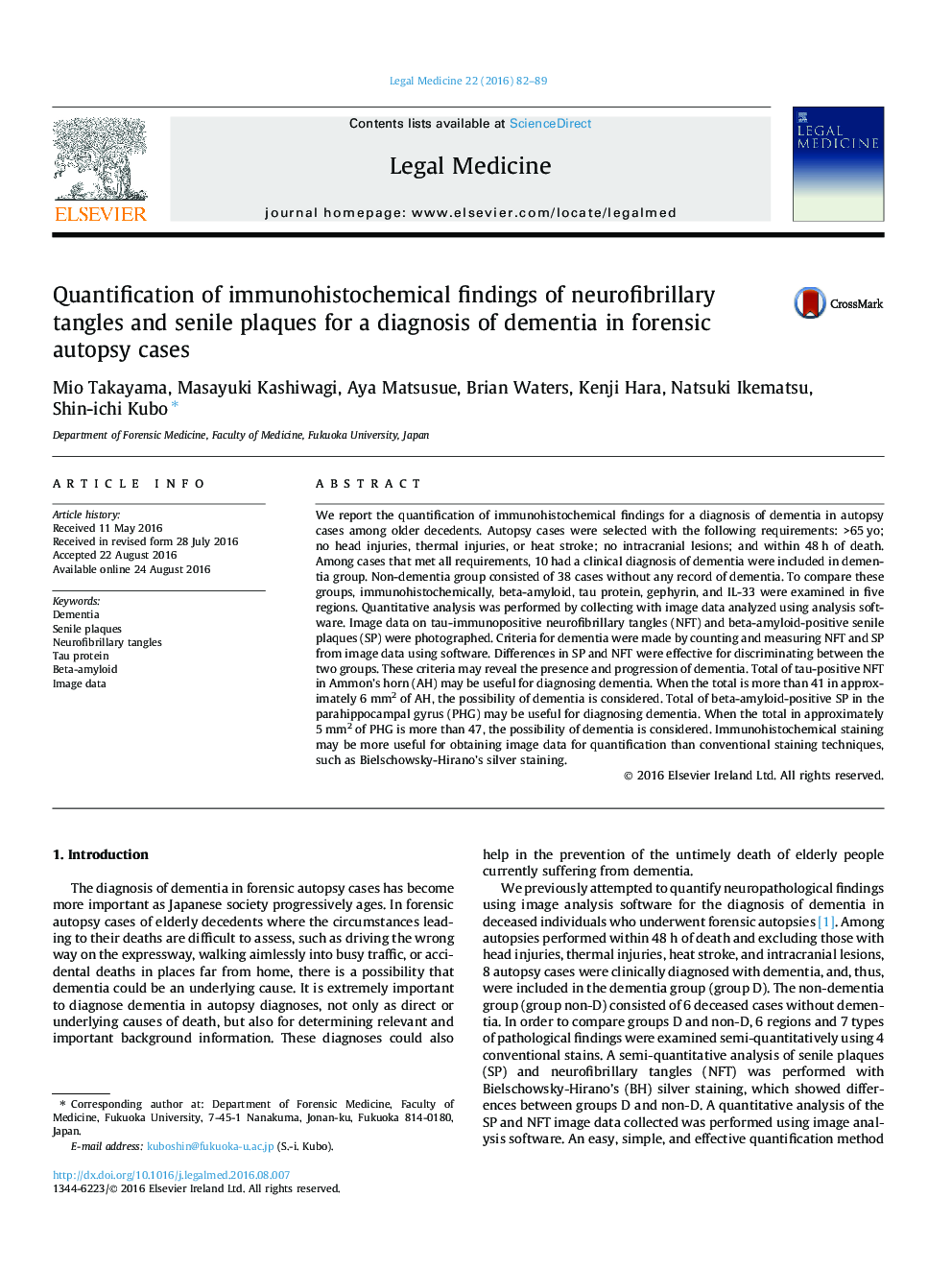 Quantification of immunohistochemical findings of neurofibrillary tangles and senile plaques for a diagnosis of dementia in forensic autopsy cases