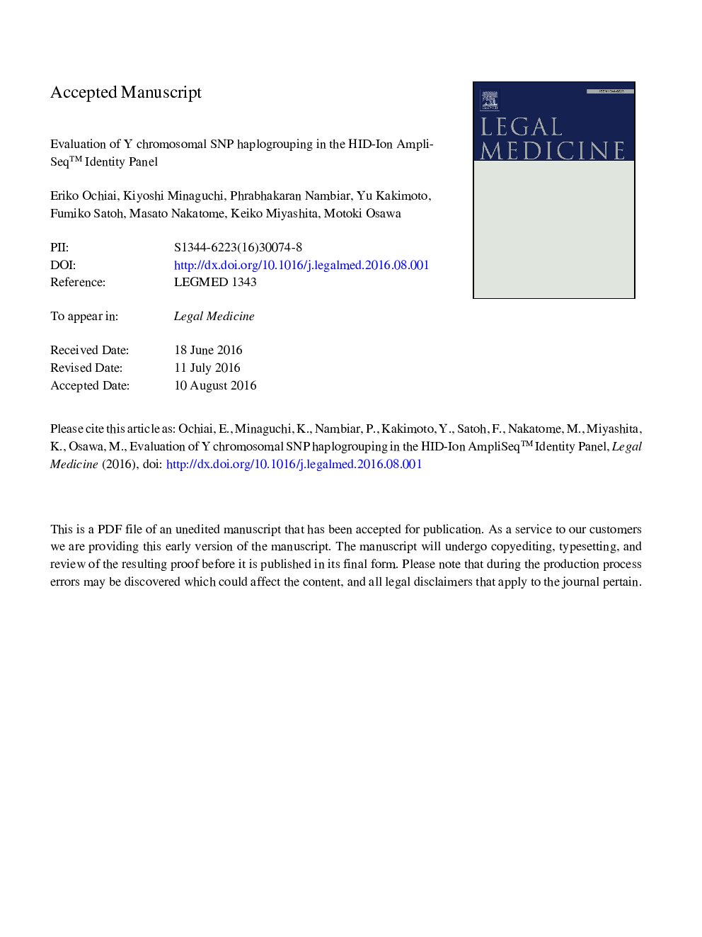 Evaluation of Y chromosomal SNP haplogrouping in the HID-Ion AmpliSeqâ¢ Identity Panel