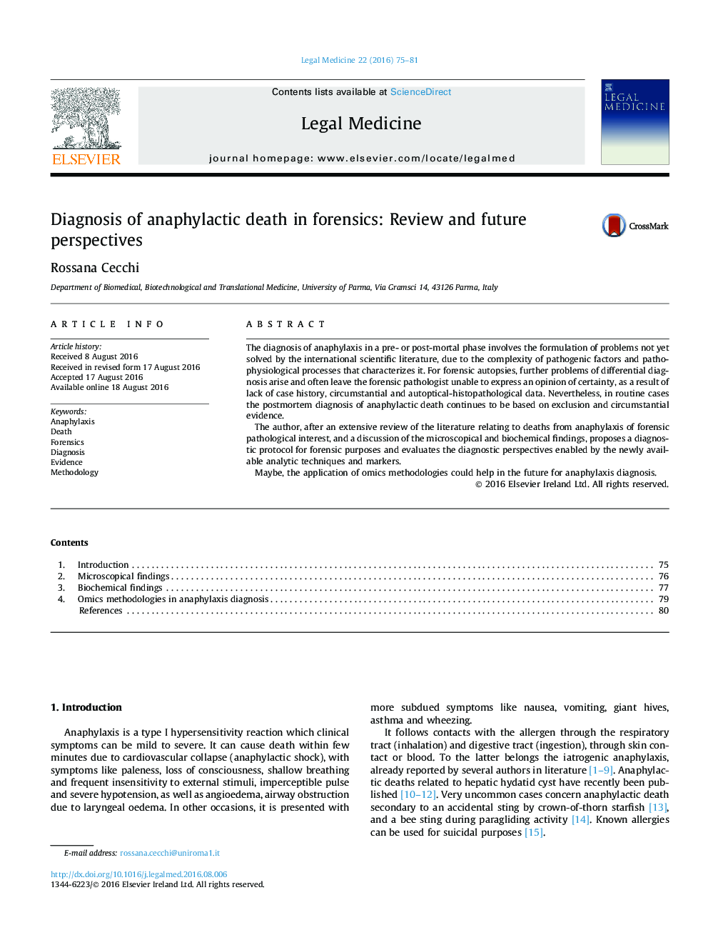 Diagnosis of anaphylactic death in forensics: Review and future perspectives