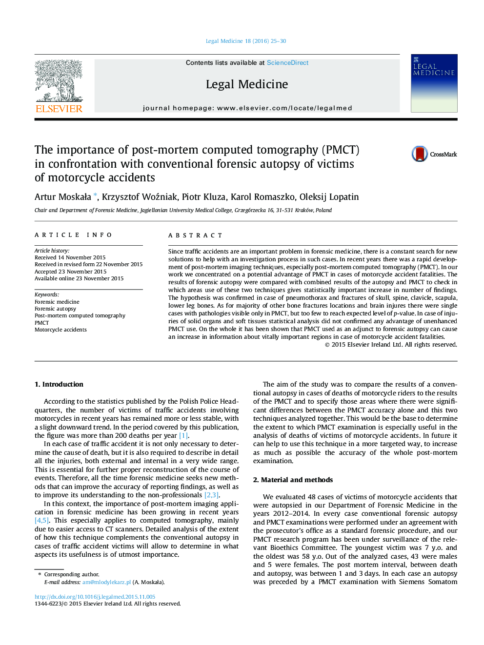 The importance of post-mortem computed tomography (PMCT) in confrontation with conventional forensic autopsy of victims of motorcycle accidents