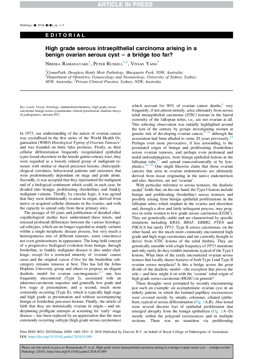 کارسینوم داخل صفاقی سروز بالا که در یک کیست سروز خوش خیم سروز وجود دارد - یک پل بیش از حد؟ 