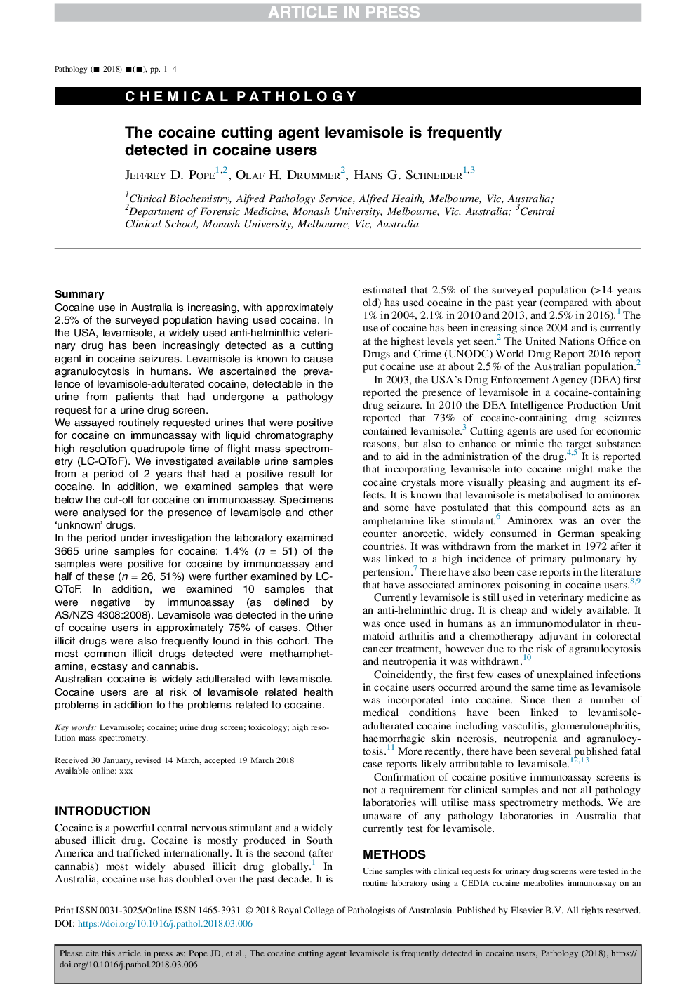 The cocaine cutting agent levamisole is frequently detected in cocaine users