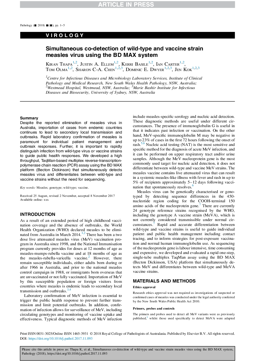 Simultaneous co-detection of wild-type and vaccine strain measles virus using the BD MAX system