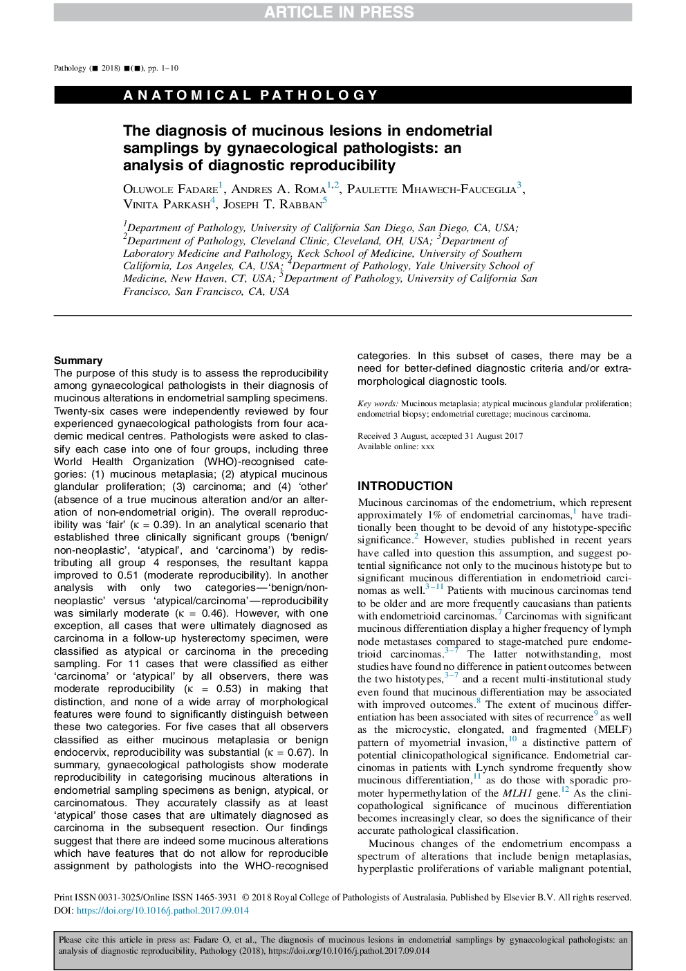 The diagnosis of mucinous lesions in endometrial samplings by gynaecological pathologists: an analysisÂ ofÂ diagnostic reproducibility