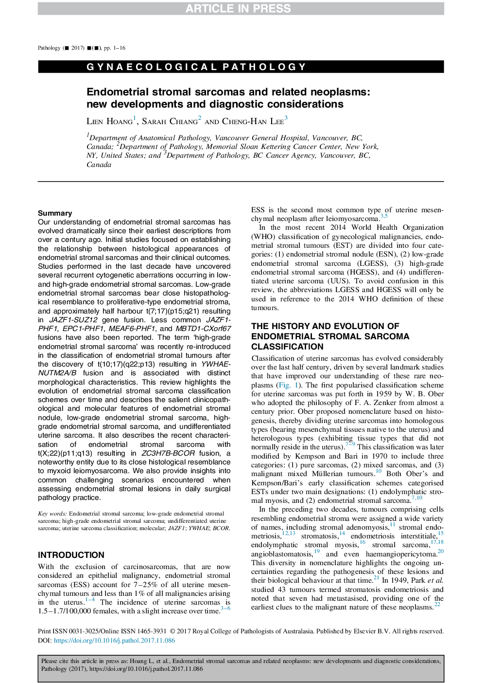 Endometrial stromal sarcomas and related neoplasms: new developments and diagnostic considerations