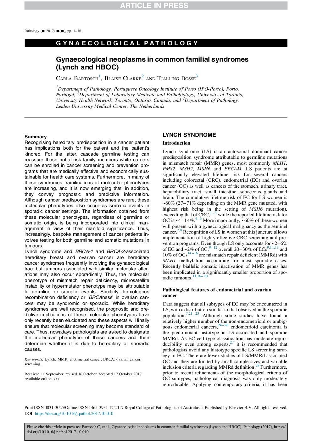 Gynaecological neoplasms in common familial syndromes (Lynch and HBOC)