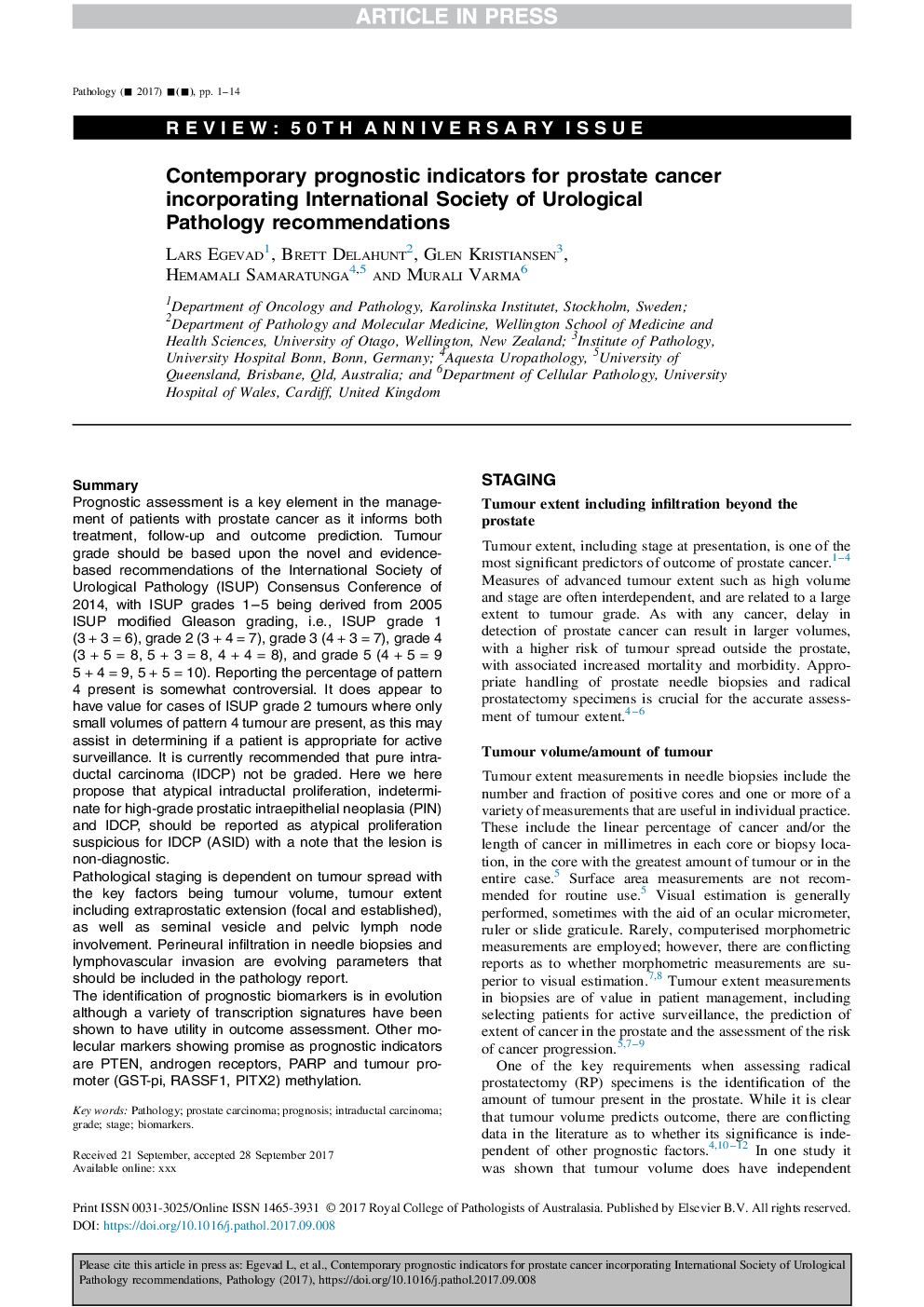 Contemporary prognostic indicators for prostate cancer incorporating International Society of Urological Pathology recommendations