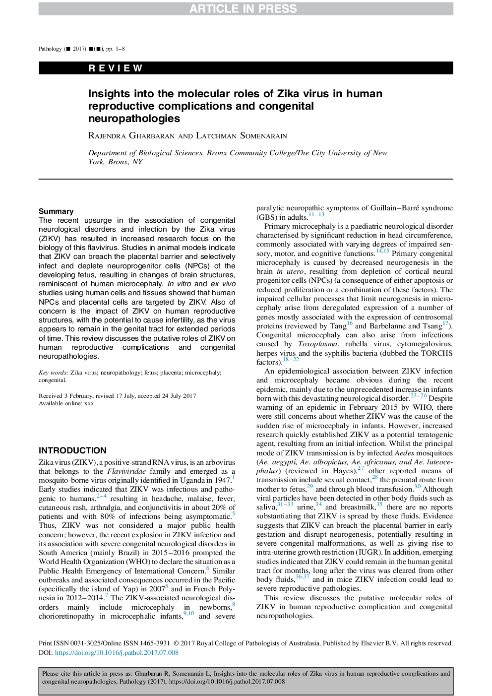 Insights into the molecular roles of Zika virus in human reproductive complications and congenital neuropathologies