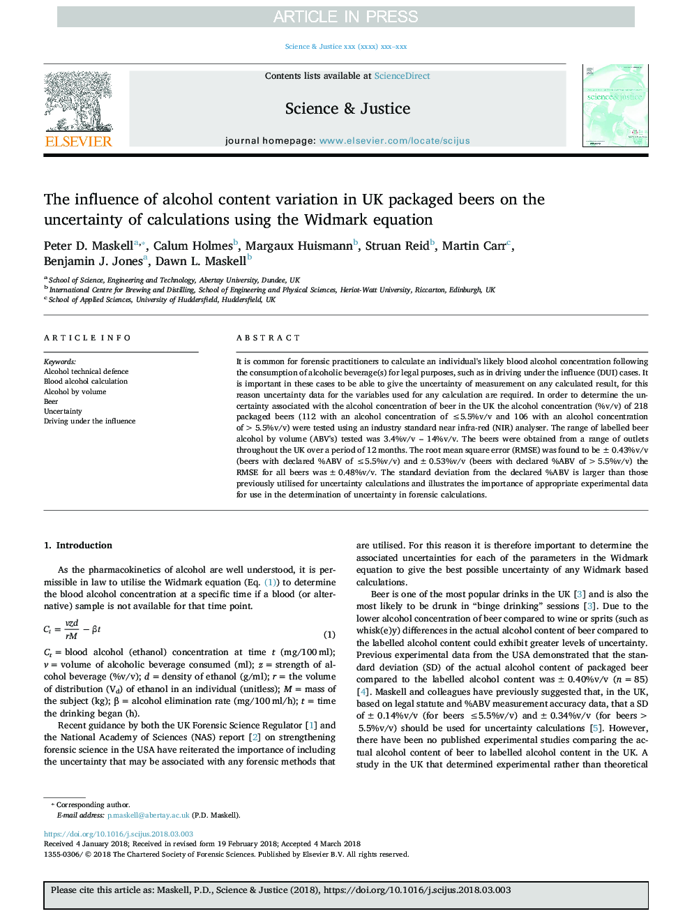 The influence of alcohol content variation in UK packaged beers on the uncertainty of calculations using the Widmark equation