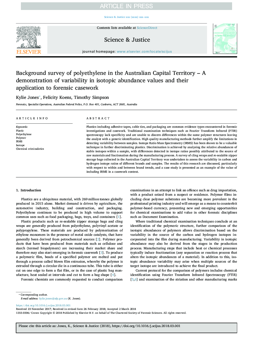 Background survey of polyethylene in the Australian Capital Territory - A demonstration of variability in isotopic abundance values and their application to forensic casework