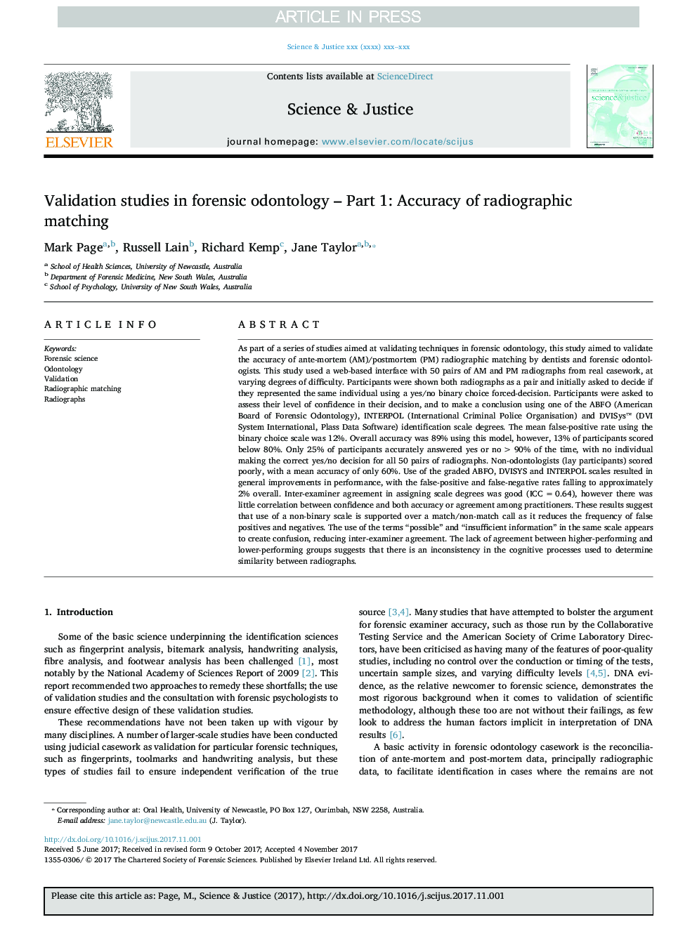 Validation studies in forensic odontology - Part 1: Accuracy of radiographic matching