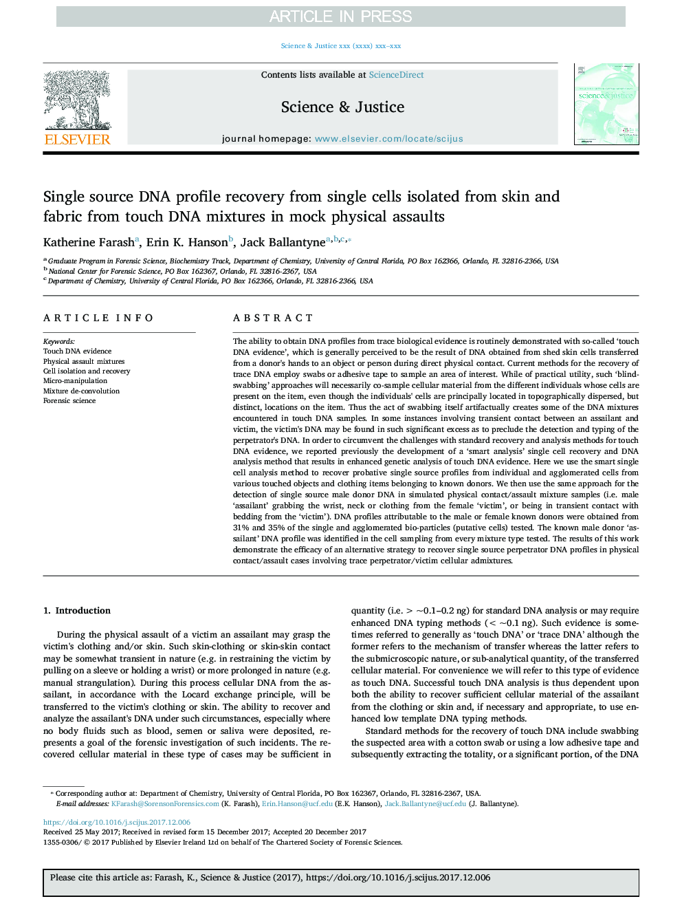 Single source DNA profile recovery from single cells isolated from skin and fabric from touch DNA mixtures in mock physical assaults