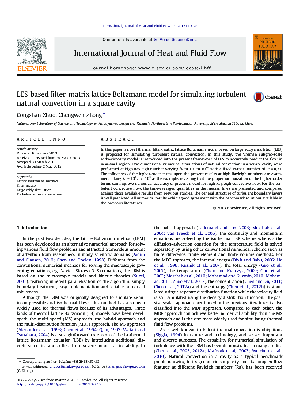 عکس صفحه اول مقاله: LES-based filter-matrix lattice Boltzmann model for simulating turbulent natural convection in a square cavity LES-based filter-matrix lattice Boltzmann model for simulating turbulent natural convection in a square cavity