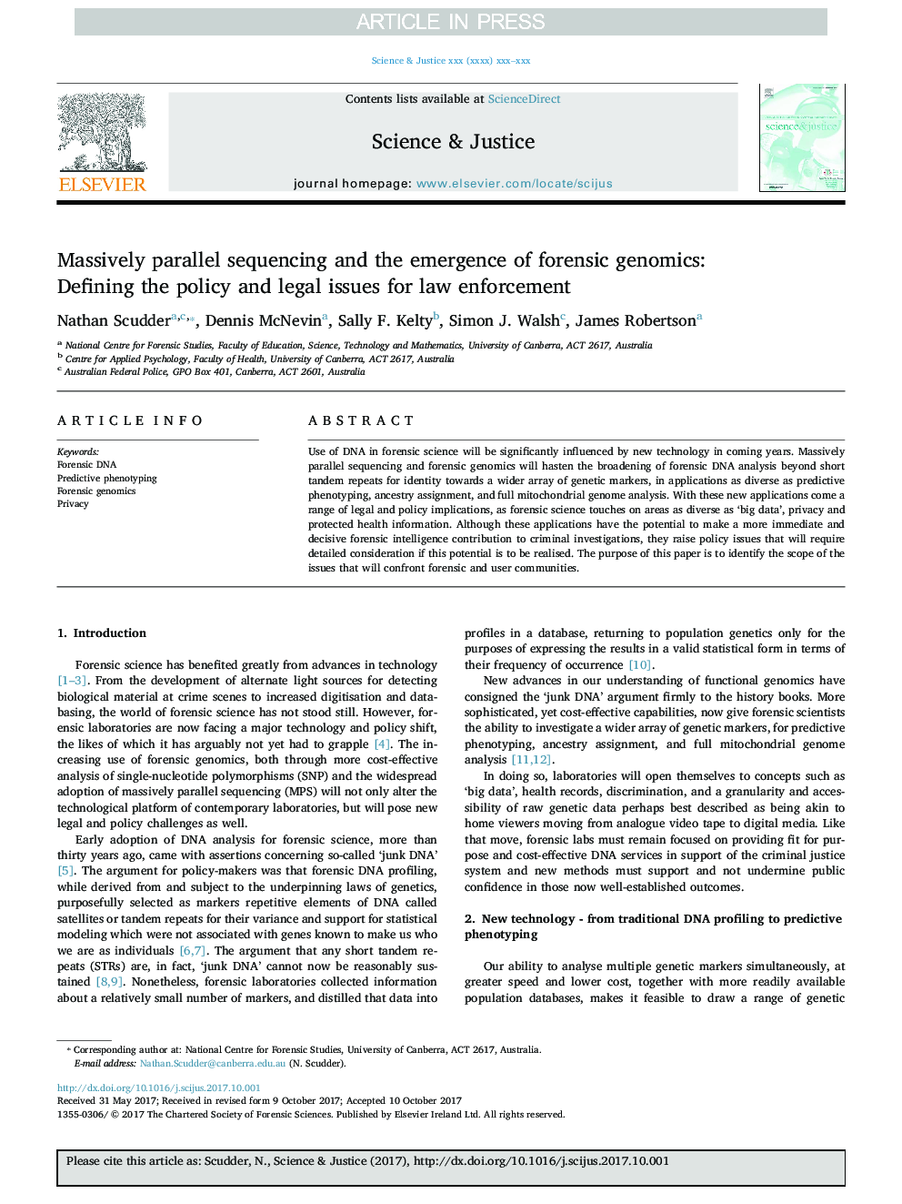 Massively parallel sequencing and the emergence of forensic genomics: Defining the policy and legal issues for law enforcement